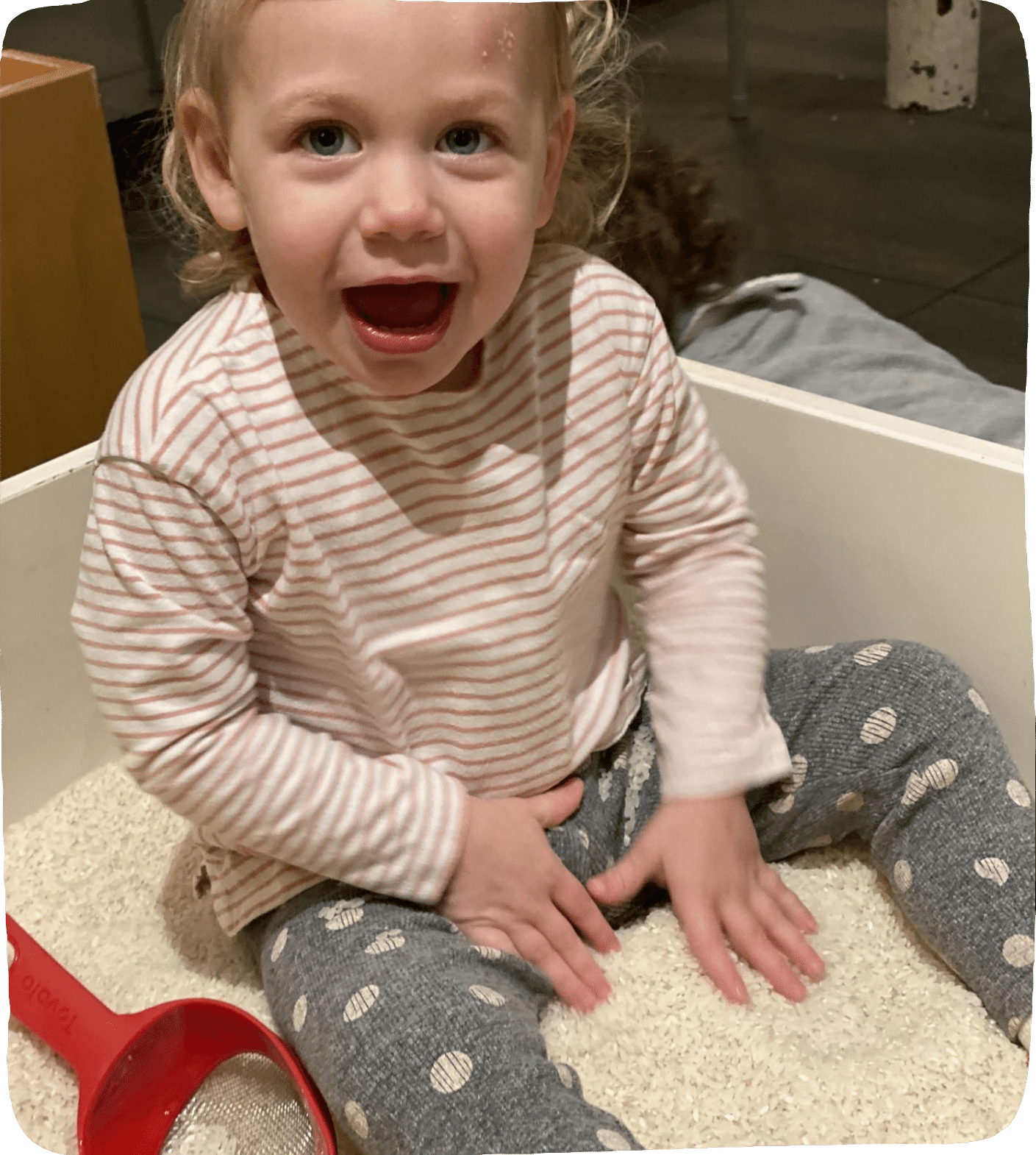 Child sits and plays in a large bin of rice for sensory food fun