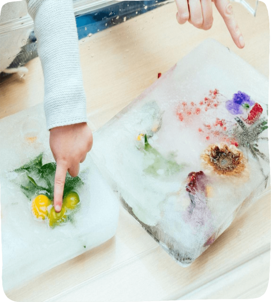 Image of flowers frozen in ice with a child's finger touching the ice - Activity ideas for play with nature