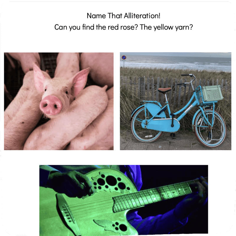 a sheet of images of alliterations including pink pigs, a blue bike, and a green guitar.