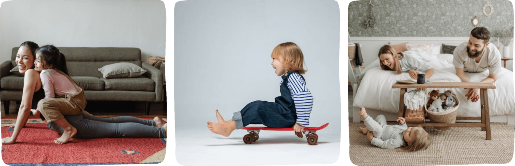 Litle girl climbing on her mother's back, little girl ona skateboard, family playing near a bed