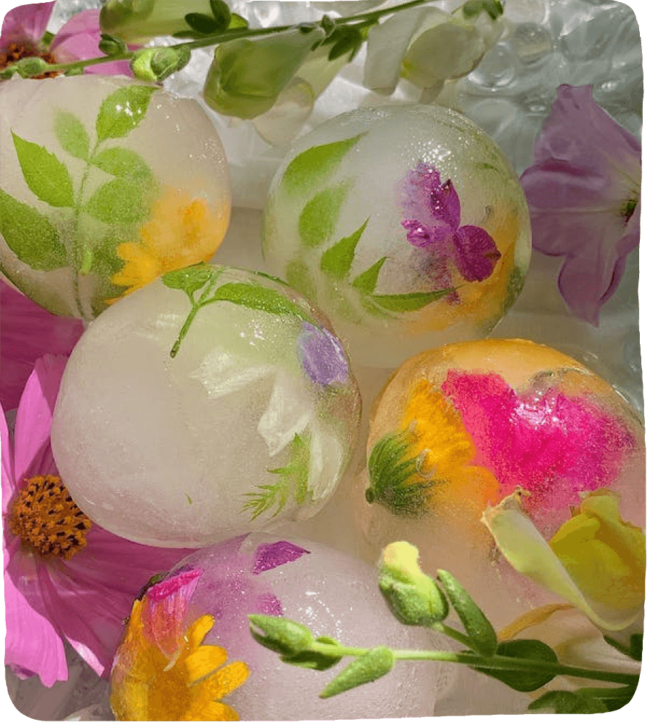 Leaves and flowers frozen inside of sphere ice cubes